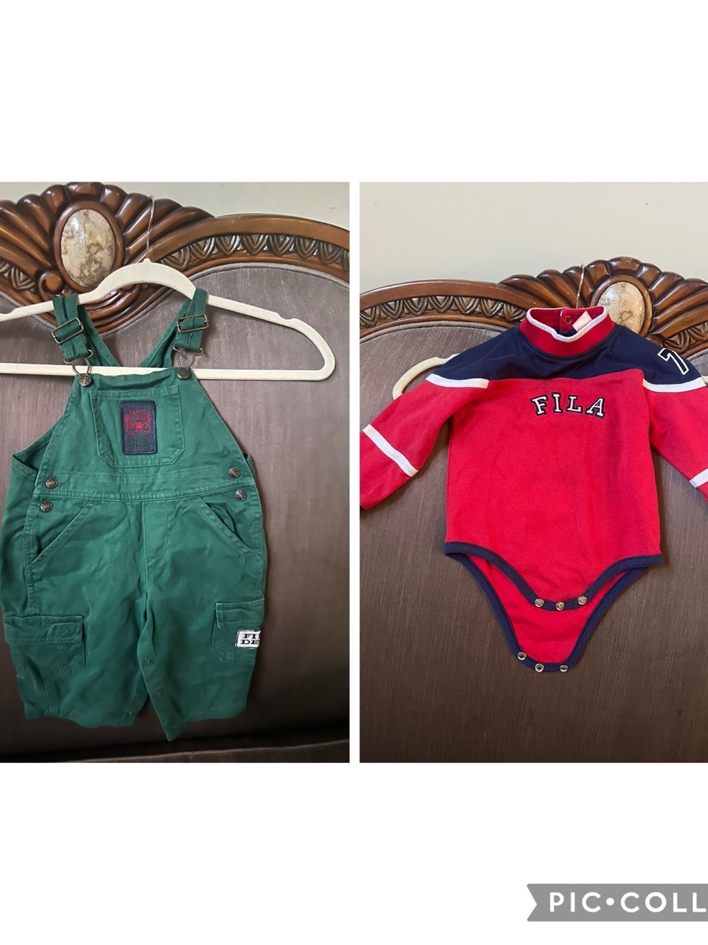 Vintage Fila Red and Navy Long-Sleeve Baby Bodysuit with vintage Green Overalls